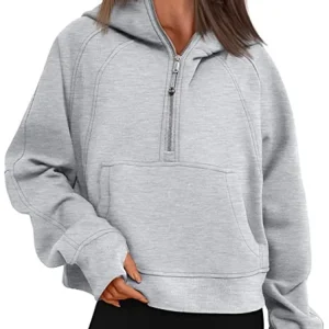 2025 Women's Solid Hoodies Autumn Half-open Zip Up Pocket Loose Hoodie Fashion Sportswear Clothing Hooded Tops Casual Sweatshirt