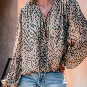 Fashion women's leopard print long sleeved round neck tie detail T-shirt casual top for autumn 2025 new women's clothing