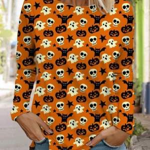 Halloween Women's Long Sleeve Cute Pumpkin Head 3D Pattern T Shirt 2024 Autumn Fashion Women's Top Harajuku Pullover Clothing